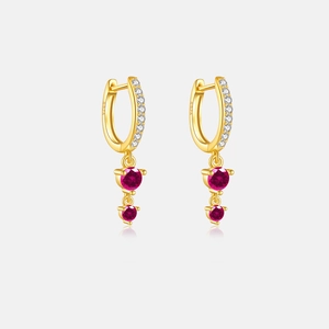 Close-up of S925 silver gold-plated hoop earrings with pink zircons and white crystals