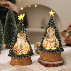 Macro detail of Christmas tree music box featuring Santa and snowman in snow globe