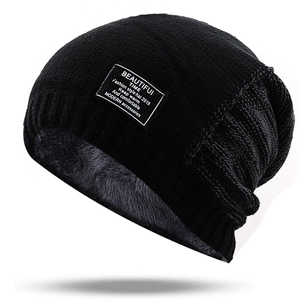 Beanie Hat Knitted Cap For Men And Women Winter Warm Fleece Lined Ribbed Slouchy Skull Cap With Patch Decor Casual Outdoor