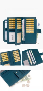 Detail view of large-capacity RFID leather wallet with multiple card slots and zip pocket