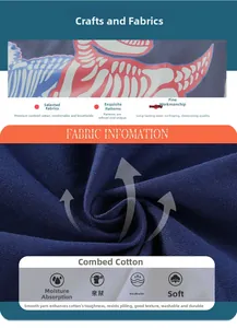 Detail of soft combed cotton fabric and glowing dinosaur print on dark blue kids t-shirt
