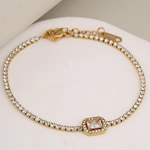 Luxury gold stainless steel bracelet with sparkling zircons and rectangular main stone