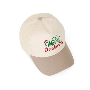 Detail of Merry Christmas embroidery on five-panel baseball cap with color-block brim