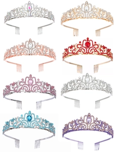 Grid display of 8 rhinestone crown tiaras in gold and silver with side hair combs