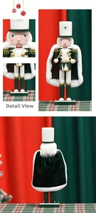 Close-up of 30cm European nutcracker king with white velvet cloak and golden drumsticks