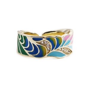 Retro daisy wide band ring in gold plated copper with colorful enamel and white zircon