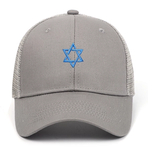 Grey mesh baseball cap with blue Star of David embroidery and curved brim for outdoor use