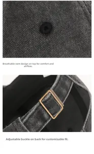 Macro detail of breathable eyelets and adjustable antique bronze metal buckle on the cap