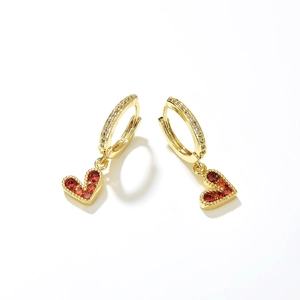 Gold plated heart hoop earrings with pavé set deep red cubic zirconia stones