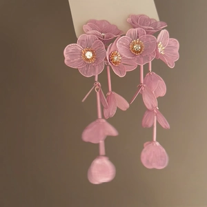 Elegant layered pink resin flower drop earrings with sparkling zircon centers
