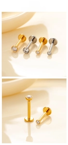 Flat back stud earrings with clear zircon in silver and gold titanium plating
