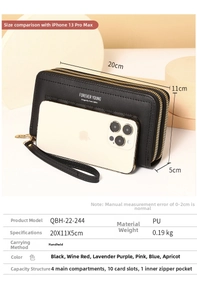 Detailed size comparison of the dual-zipper PU wallet with iPhone 13 Pro Max