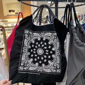 Black paisley embroidery nylon shopping bag with braided handles and letter print