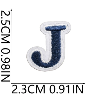 Navy blue embroidered letter J patch with white border for clothing and bags