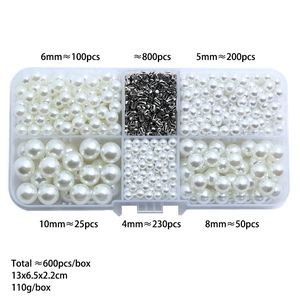 White faux pearl sorting box with 4mm-10mm beads and silver studs for DIY crafts