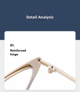 Macro detail of reinforced metal hinges on golden cat-eye glasses for durability