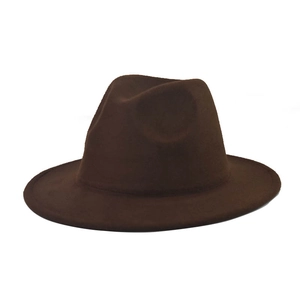 Detail view of a classic dark brown wool felt fedora hat with a flat brim and metal belt
