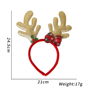 Weihnachts-Geweih-Haarreif mit goldenem Glitzer und rot karierter Schleife, 24,5 x 21 cm