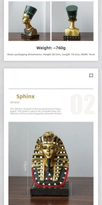 Detailed view of Egyptian Pharaoh and Sphinx resin statues with dimensions and measurements