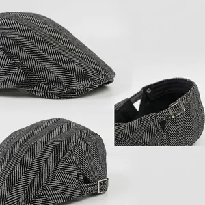 Classic herringbone flat cap for men and women with adjustable metal buckle detail