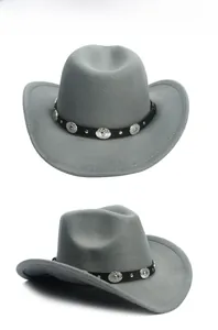 Detail of gray wool western cowboy hat featuring black leather band with silver studs
