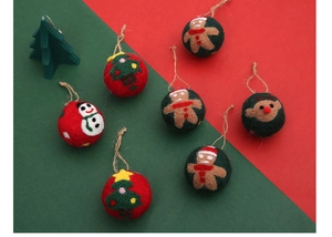 Detail of wool felt Christmas ornaments with snowman and reindeer patterns