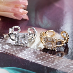 Vintage copper rings with square zircon stones and adjustable chain bands in gold and silver
