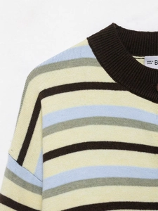 Close-up of color-block striped knit polo collar with high-density ribbed fabric texture