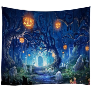 Halloween tapestry with Jack-o'-lanterns on dead trees in a spooky forest landscape