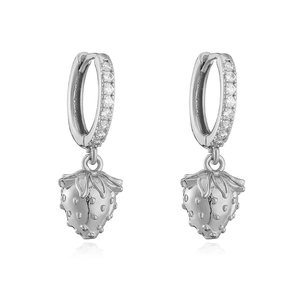 Detailed view of silver strawberry pendant earrings with cubic zirconia inlay stones
