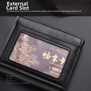 Detail of black leather long wallet featuring a convenient external card slot with window