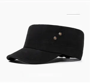 Detail of black cotton cadet cap featuring vintage star-patterned metal buttons on side