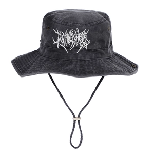 Gothic Embroidered Bucket Hat Washed Cotton Canvas Outdoor Fishing Sun Protection Wide Brim Adjustable Wind Rope Retro