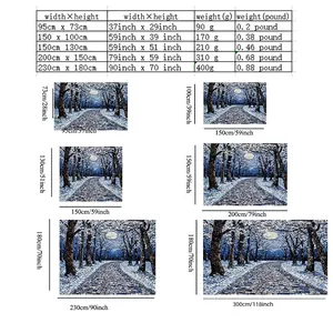 Detailed size chart for forest print tapestry showing various dimensions and weights