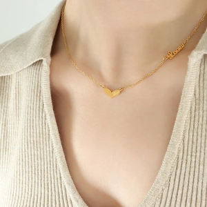 Elegant gold heart pendant necklace with Love script link and titanium steel chain
