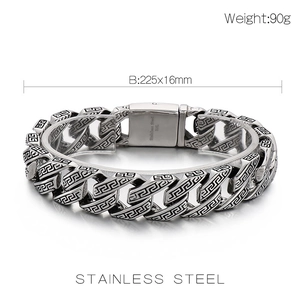 Macro detail of vintage 316L stainless steel Cuban link bracelet with size and weight info