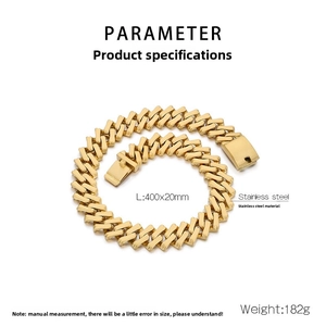 Detailed specs of the 20mm gold stainless steel Cuban chain with size and weight info