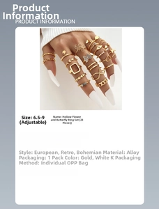 Detailed chart showing 23-piece gold and silver boho rings with butterfly and floral motifs