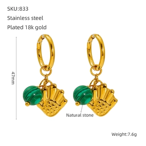 Detail view of 18k gold plated stainless steel earrings with natural green turquoise stones