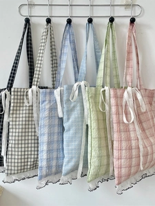 Niche plaid tote bag with lace trim and bow shoulder straps in multiple soft colors