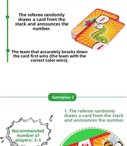 Detail showing tabletop game rules and numbered cartoon insect cards for kids