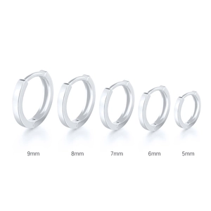 Classic 925 sterling silver hoop earrings shown in five sizes from 5mm to 9mm