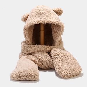 Cute Plush Bear Ears Integrated Hat Scarf And Glove Set Winter Warm Sherpa Hooded Neck Warmer With Pockets For Women Girls
