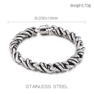 Detailed close-up of 10mm men's stainless steel twist chain bracelet with silver finish
