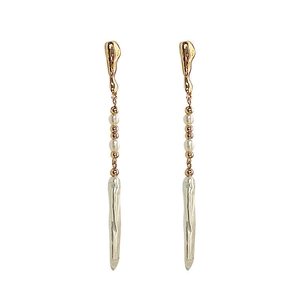 Baroque freshwater pearl drop earrings with long silver needle tassels and gold accents
