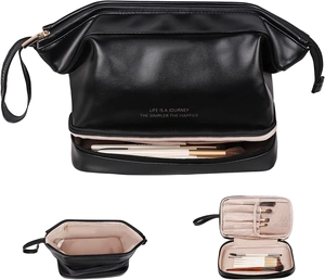 Details der schwarzen Leder-Kosmetiktasche mit zwei Fächern für Pinsel und Make-up
