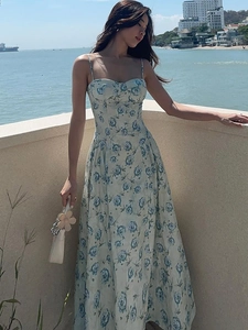 Robe bustier à imprimé fleuri pour femme, style princesse doux, blanc et bleu ciel