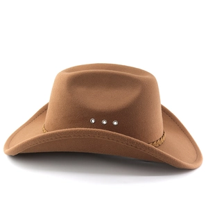 Detail of brown wool felt cowboy hat featuring metal eyelets and a braided band