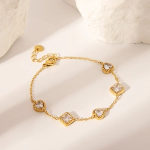 18K gold plated titanium steel bracelet with heart and square zircon stones
