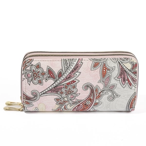 Pink vintage paisley long wallet with double zipper and large capacity for women